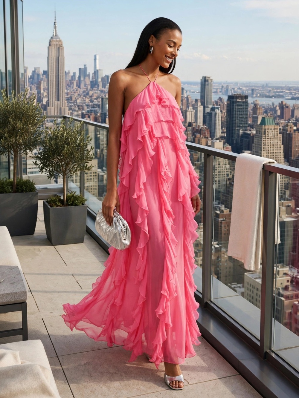 Ronny Kobo Liora Dress Pink Ruffle Halter Maxi size Large or US 10.